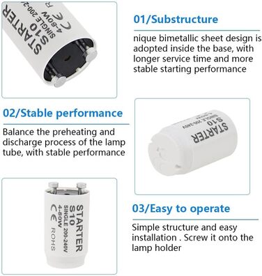 Стартер для люмінесцентних ламп S10 starter longlife 4-80 Вт 200-240V Стартер для люмінесцентних ламп індивідуальне перемикання люмінесцентних ламп, 12 шт.