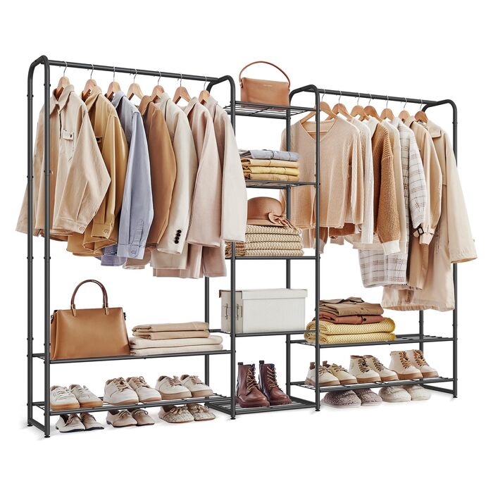 Вішалка для одягу, Відкрита шафа, Вішалка для одягу, Вішалка для пальто з полицями, Металева шафа, Окремостояча, 29 x 183 x 158,4 см, Матовий чорний LGR463B01 183B см Матовий чорний