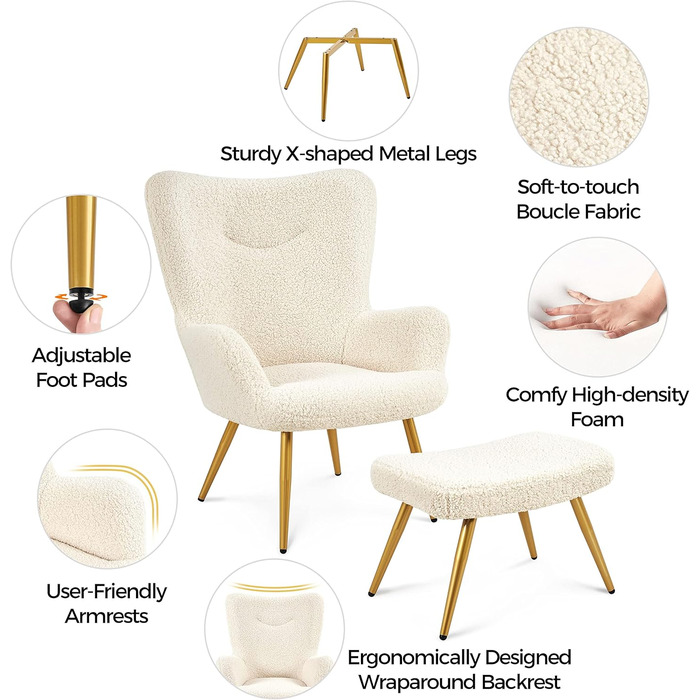 Крісло Yaheetech з підніжкою та підставкою для ніг, чохол з поліестеру, крісло під телевізор, крісло, м&39яке крісло, крісло-реклайнер, коктейльне крісло, плюшевий ведмедик, стильний дизайн, білий колір з підставкою для ніг