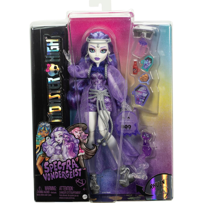 Лялька Monster High Spectra Vondergeist з тхором Руеном та аксесуарами, такими як рюкзак, планшет, снеки та інше, HXH77