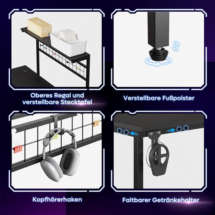 Геймерський стіл Bestier 130 см L-подібний, двосторонній кутовий стіл з розетками, світлодіодним підсвічуванням, 4 полицями, гачками та підставкою для чашок, ідеально підходить для домашнього офісу та ігор, 130 см з вуглецевого волокна, чорний