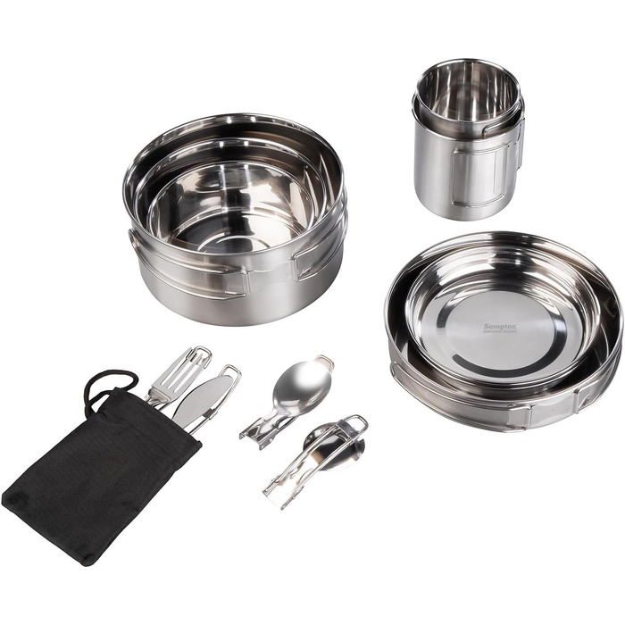 Кемпінгова сковорода Semptec Urban Survival Technology набір посуду для кемпінгу з нержавіючої сталі з 24 предметів, столовими приборами та сумкою (набір каструль, набір сковорідок)