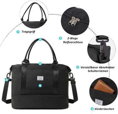 Дорожня сумка TANTOMI Ручна поклажа, Жіноча спортивна сумка, 46x23x32 см, Сумка для ручної поклажі, Сумка на вихідні, Водонепроникна дорожня сумка, Сумка для тренувань, Сумка для лікарні, Сумка для народження, Підходить для відпочинку, Кемпінгу, Чорна 1-2