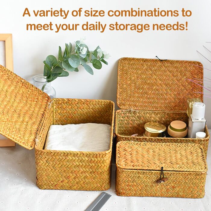 Кошики для зберігання речей, комплект кошиків з ротанга з 3 предметів з кришками, плетені кошики для подарунків, багатофункціональні кошики з морської трави, органайзери для косметики для ванної кімнати, вітальні, кухні