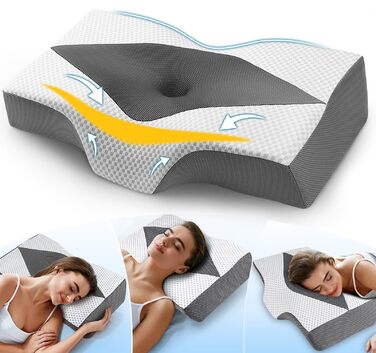 Подушка з піни з ефектом пам&39яті для болю в шиї та плечах, ортопедична подушка для підтримки шиї для сну, регульована ергономічна подушка для сну на боці, спині та животі - порожниста конструкція, сірий та білий