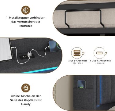 Ліжко зі світлодіодним освітленням, гідравлічне ліжко 140x200 см, м&39яке ліжко, узголів&39я з місцем для зберігання, зарядна станція, каркас ліжка з рейковою основою, візуальний ефект &quotплаваючий&quot, спальня, лляна тканина сірого кольору 140 x 200 С