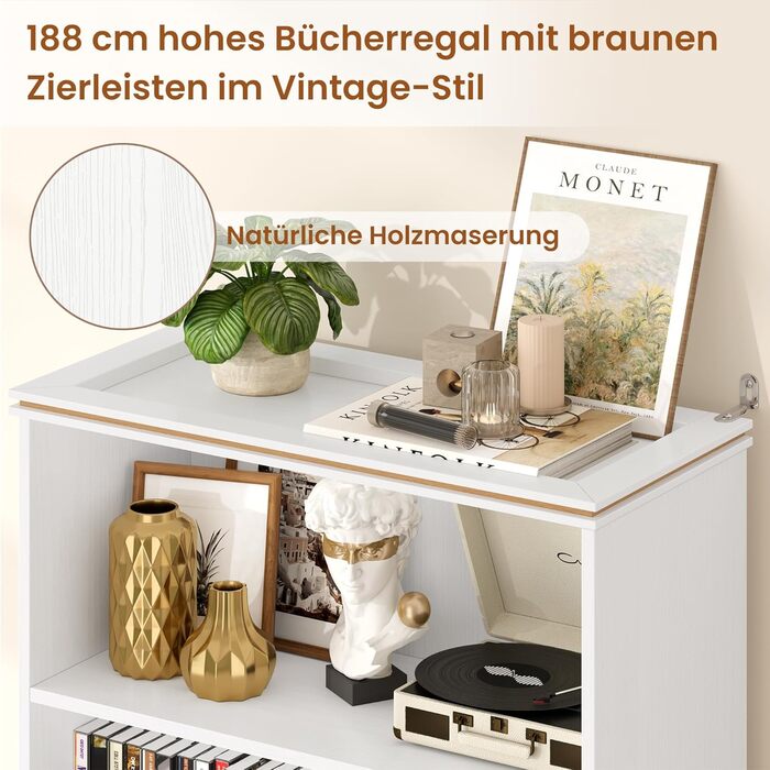 Книжкова полиця HOCSOK заввишки 188 см, окремостояча полиця з 7 полицями, книжкова шафа з натуральною деревною текстурою, полиця для зберігання речей для кабінету, офісу, вітальні, 1886030 см, білий