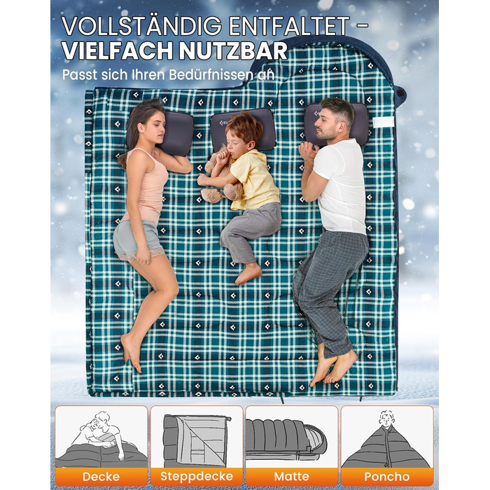 Спальний мішок KingCamp для дорослих, зимовий, фланелевий, компактний, 3-4 сезони, ковдра для кемпінгу, подорожей, наметів, походів, на вулиці, в приміщенні, від 4C до -15C/230 x 90 см Thicker Pro Navy-L-Zip