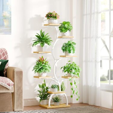 Підставка для рослин з лампою для вирощування - 8-ярусна підставка для квітів 124 см, полиця для рослин з металу та дерева - Квіткові драбини для приміщень та вулиці - Декоративна чорна квіткова підставка для балкону, біла