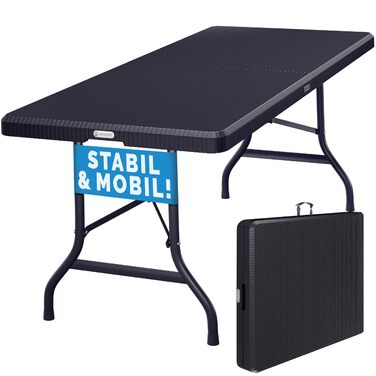 Складаний садовий стіл Casaria, кемпінговий стіл з поліратангу, 180x75 см, водонепроникний, ручка для перенесення, складний стіл, пластиковий стіл, садовий, балконний, кемпінговий, фуршетний стіл, чорний, вигляд чорного ротанга