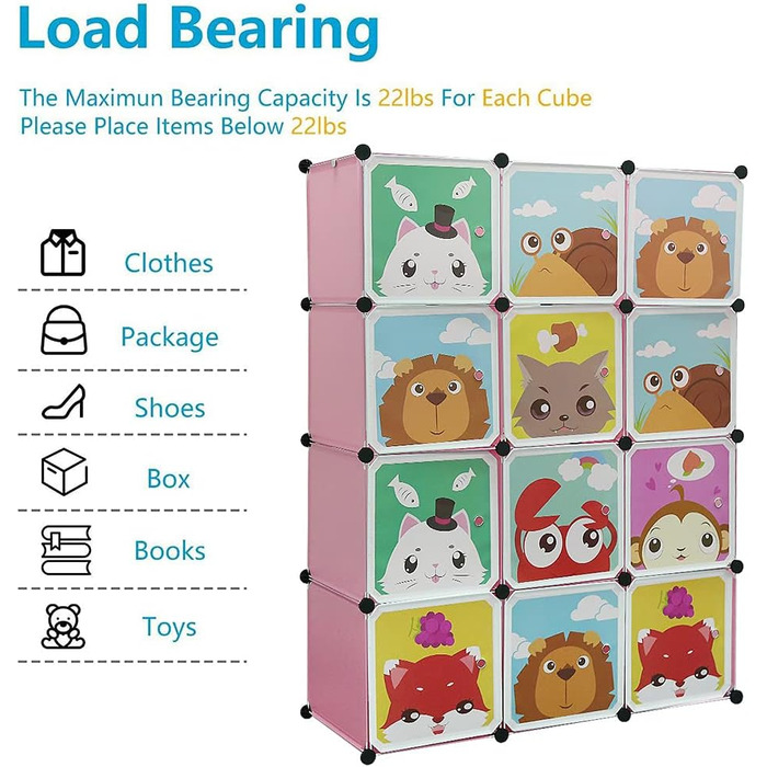 Дитяча шафа для зберігання Glit, 12 кубиків, модульна шафа з дверцятами, тваринні мотиви, пластикова полиця для іграшок, одягу та
