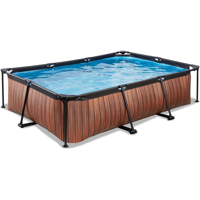 Басейн EXIT Toys Wood Pool - 300x200x65 см - Прямокутний, компактний каркасний басейн з картриджним фільтруючим насосом - Легкий доступ - Підходить для маленьких дітей - Міцний каркас - Унікальний дизайн - Коричневий