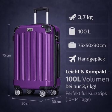 Велика валіза POSH з ABS-пластику - внутрішній об&39єм 100 л - легка валіза з твердою оболонкою 3,7 кг, 75x50x30 см - дорожня валіза з кодовим замком - колеса, що плавно обертаються на 360 - для поїздок на 10-14 днів, фіолетовий XL - великий