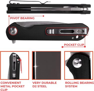 Складаний ніж Клинок зі сталі D2 Лезо з G10 з антиковзаючим покриттям Рукоятка з кліпсою Гострий одноручний ніж з піхвами і шарико