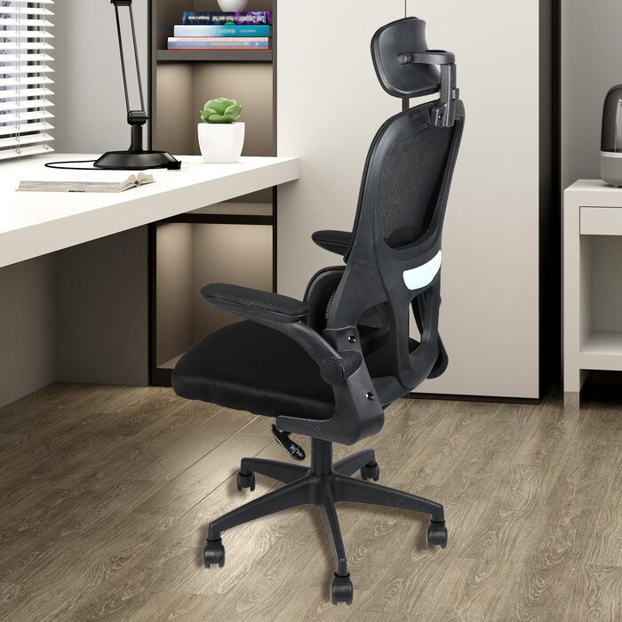 Ергономічне офісне крісло OHMG, офісне крісло з сітчастої тканини, поперекова опора та сидіння з регульованим кутом нахилу, підголівник, регульовані підлокітники, поворотні колеса на 360, вантажопідйомність 200 кг (чорне, 125 x 65,5 x 64 см) Чорний - 125 
