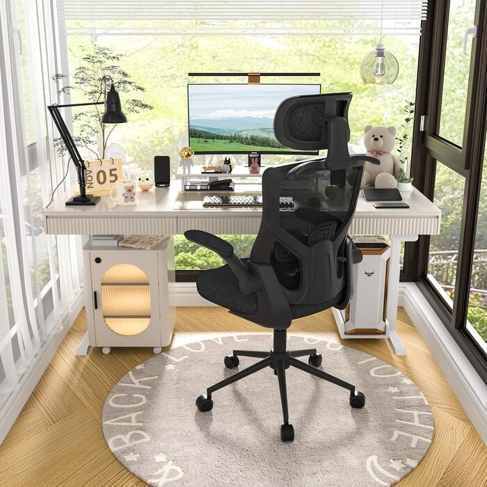 Ергономічне офісне крісло з регульованим підголівником та поперековою опорою сітчасте робоче крісло з високою спинкою, пінопластовим сидінням, вішалкою для одягу та функцією блокування (чорне)