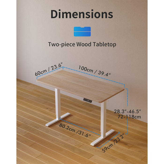 Стіл FEZIBO з регульованою висотою та портами зарядки USB-A та USB-C, 100 x 60 см