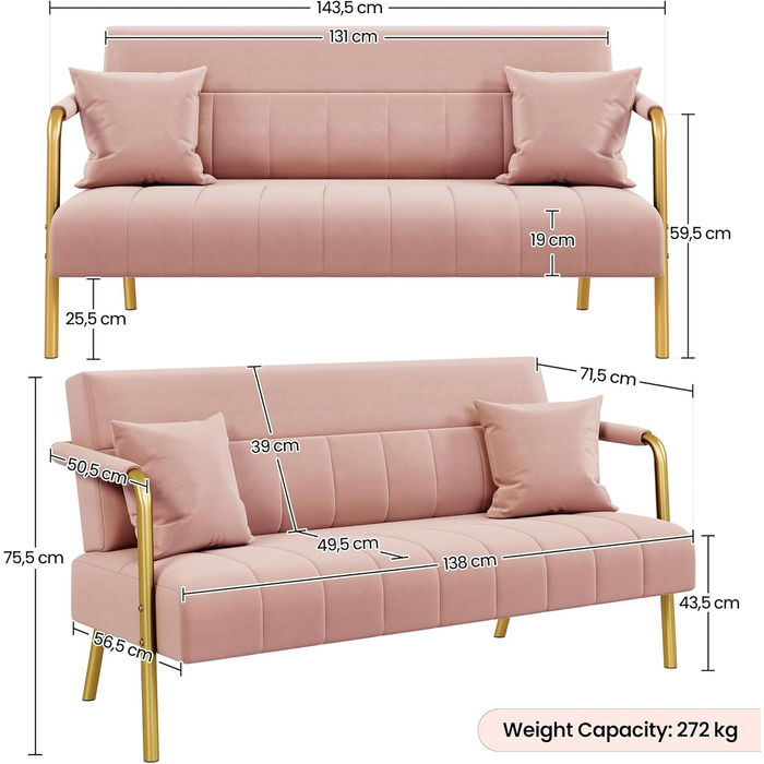 М&39який диван Yaheetech з підлокітниками та металевими ніжками, сучасний двомісний диван з 2 поперековими подушками, диван для вітальні, домашнього офісу, рожевий, 143,5 см Ш, рожевий