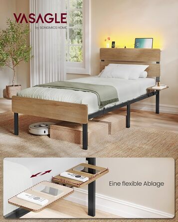 Каркас односпального ліжка VASAGLE, Ліжко, 90 x 200 см, Металевий каркас, Світлодіодне освітлення, Порти USB-A та USB-C, Місце для зберігання під ліжком, Індустріальний стиль, Легке складання, Натуральний коричневий RMB102K01
