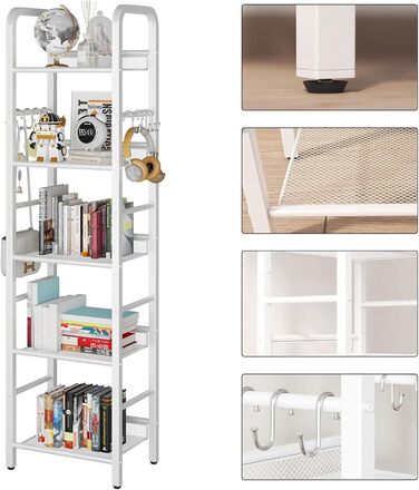 Окремостояча полиця, книжкова полиця, полиця для зберігання з 5 рівнями, 8 S-подібних гачків, металевий каркас, мінімалістичний стиль, органайзер для вітальні, домашнього офісу, спальні, ванної кімнати, білий HBC055W 146 см білий