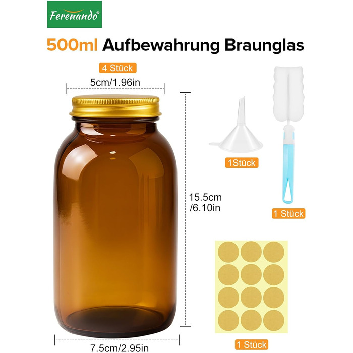 Набір скляних банок для зберігання, 4 предмети, банки з бурштинового скла об&39ємом 500 мл з кришками, герметичні, з етикетками та лійкою, вологозахисні пляшки з бурштинового скла для зберігання спецій, трав, чаю, кави, горіхів, 4 x 500 мл