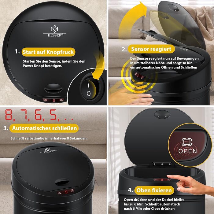 Відро для сміття KESSER Sensor Автоматичне Відро для сміття Відро для сміття Нержавіюча сталь 56 літрів ЧОРНИЙ