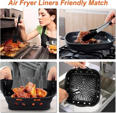 Силіконова форма Foenwoen для фритюрниці, силіконова фритюрниця 22 см силіконова каструля для фритюрниці з рукавицями для духовки, кухонними щипцями, силіконовою щіткою, легке очищення, аксесуари для фритюрниці (чорний)