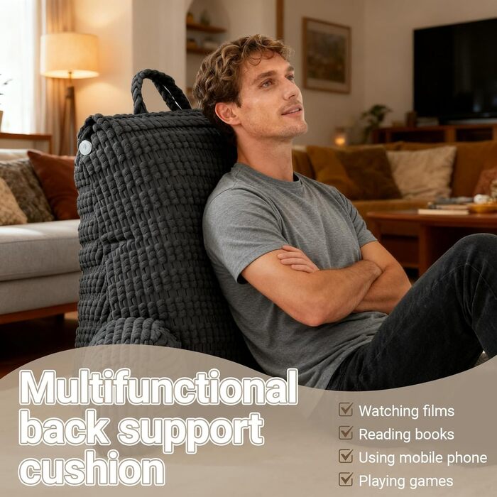 Подушка для читання зі спинкою, зручна спинка з підлокітниками, знімна для дорослих з кишенями для ліжка та дивана, для телевізора, мобільних телефонів (темно-сіра)