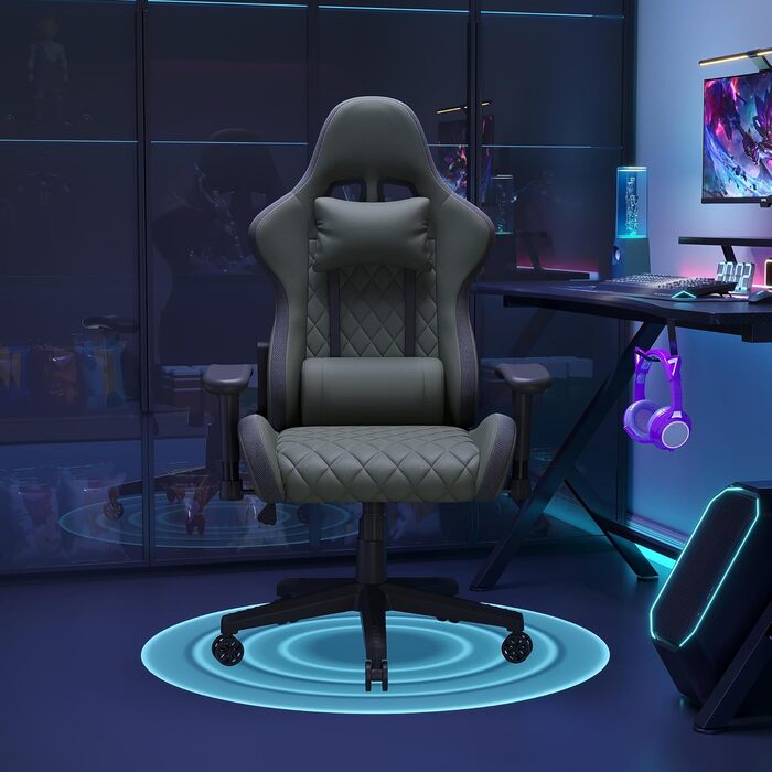 Ігрове крісло з регульованою висотою та нахилом, Ігрове крісло зі світлодіодним освітленням, вантажопідйомність 150 кг, Ергономічне офісне крісло з підголівником та поперековою опорою, Сірий, ПУ