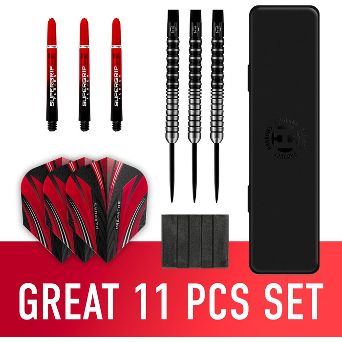 Дартс Harrows Predator 90 вольфраму чорного та сріблястого кольорів Набір дротиків зі сталевим наконечником 21 г, 22 г, 23 г, 24 г, 25 г та 26 г Включає древки Supergrip Fusion та льотки Predator