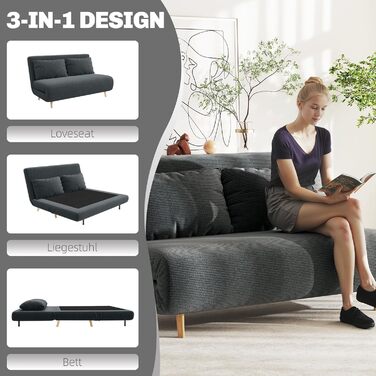 Диван-ліжко HOMCOM 3-в-1, 2-місний диван з функцією сну, 191 x 141 см, розкладний диван/ліжко з 3-позиційною регульованою спинкою та вельветовим покриттям для вітальні, темно-сірий