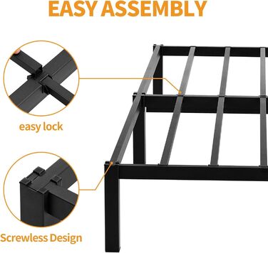Каркас ліжка, що збирається без інструментів, 90 x 200 см з рейковою основою, міцний металевий каркас, пружинний матрац не потрібен, безшумне, односпальне ліжко, чорний колір