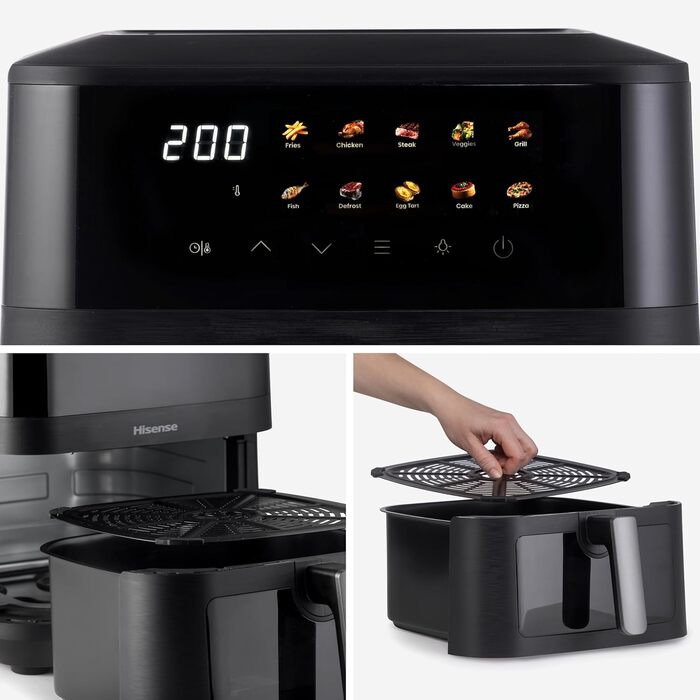 Аерофритюрниця Hisense HAF2100DCD, 2100 Вт, 7.7 л, 10 програм, антипригарне покриття, функція відкладеного старту, чорна