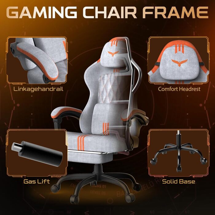 Ергономічне ігрове крісло Verdego з функцією масажу, підголівником та підставкою для ніг, оксамит, регульована спинка 90-145, регульована висота 10 см, ігрове крісло, сіро-помаранчевий оксамит