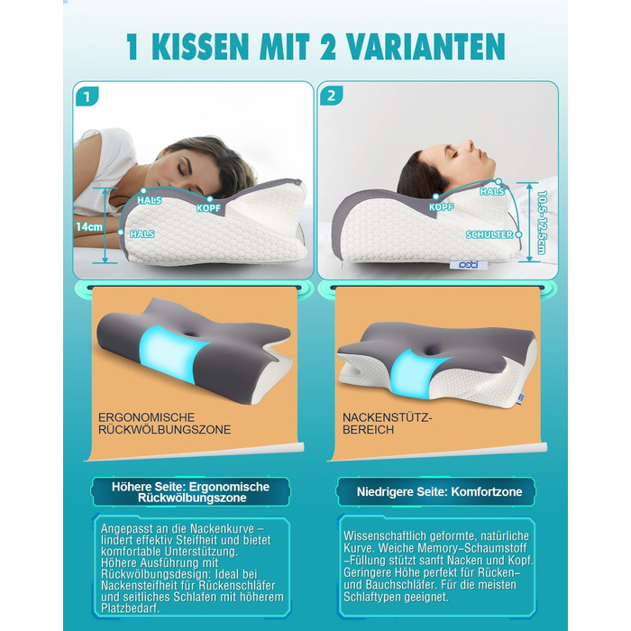 Ортопедична подушка IDEA, подушка для шиї, подушка для голови від болю в шиї, ергономічна подушка з піни з ефектом пам&39яті, подушка для сну на боці, спині та животі - полегшення для шиї та сну (257-a) 65 x 36 x 11/14 см