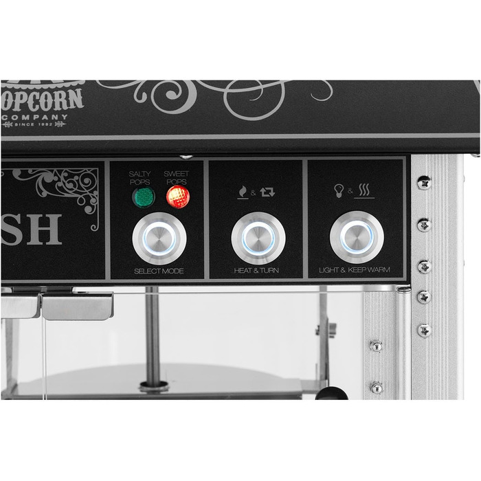 Машина для попкорну Royal Catering RCPW-16E-2F з візком Ретро дизайн 150/180C 2 температури для солодкого та солоного попкорну Чорна машина для приготування попкорну Торговий автомат для попкорну