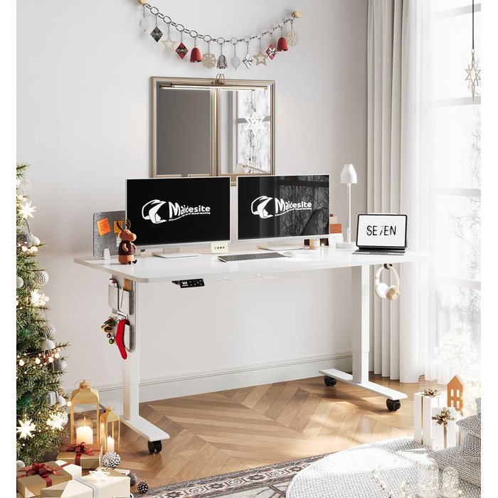 Письмовий стіл з регульованою висотою (140 x 70 см) Комп&39ютерний стіл з електричним регулюванням висоти, 4 режимами пам&39яті, дошкою для записів та колесами, що обертаються на 360 Стіл SN1 140 x 70 см Білий біла рама