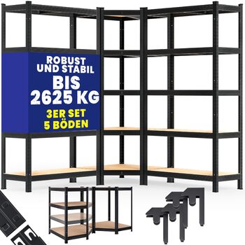 Комплект із 3 кутових стелажів Monzana, міцний, вантажопідйомність 2625 кг, 15 полиць з МДФ, полиця для зберігання, полиця для підвалу, стелаж без ригелів, полиця для майстерні, система стелажів, чорний