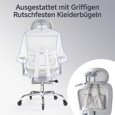 Ергономічне офісне крісло з підставкою для ніг та подушкою для шиї, 5-позиційне регулювання висоти спинки, 2D-підтримка попереку, 3D-підлокітники/підголівник, функція нахилу 145, сітчасте сидіння, гумові колеса, сірий колір.