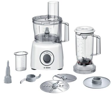 Компактний кухонний комбайн Bosch MultiTalent 3 MCM3200W 30 функцій, універсальний ніж, насадки для нарізки та тертя, збивальний диск, чаша 2,3 л, блендер 1,0 л, 800 Вт, білий