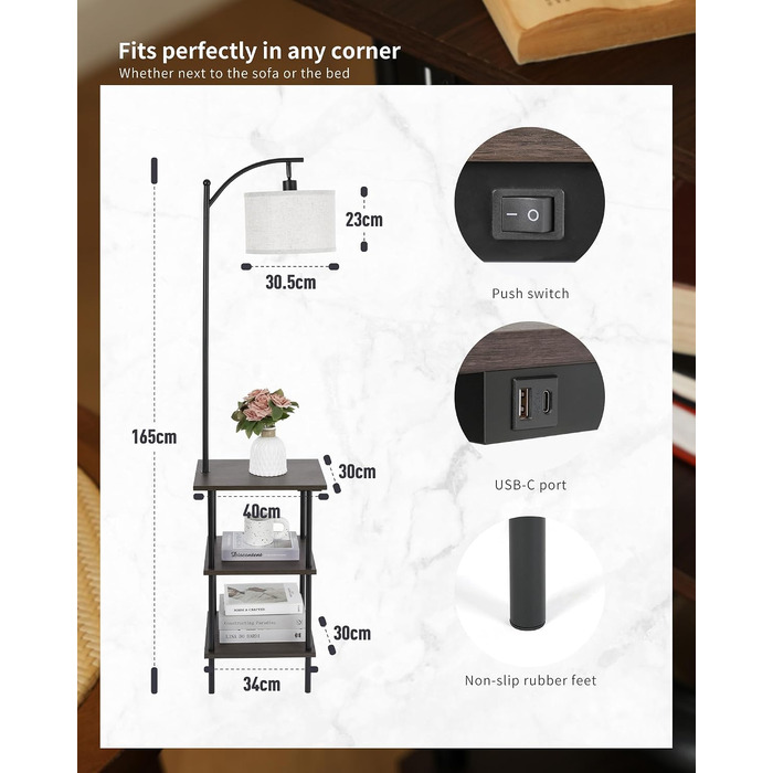 Торшер з полицею та USB-A/C для вітальні та спальні, горіх, 30 x 40 x 165 см