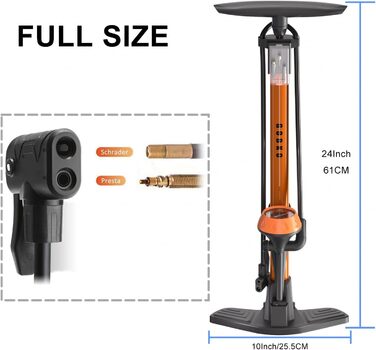 Велосипедний насос GOBKO, підлоговий, 129x23.5x12 см, 11 бар / 160 psi, сталь, помаранчевий