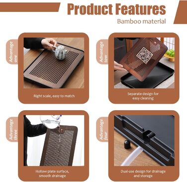 Бамбуковий чайний столик для чайної церемонії Гунфу з відстічним резервуаром для води, знімний (35,9 x 24,1 см) ідеальний подарунок для друзів та родини