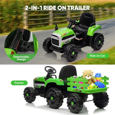 Дитячий електричний трактор, 12В 3-швидкісний трактор зі знімним причепом та пультом дистанційного керування 2.4G, дитячий електро