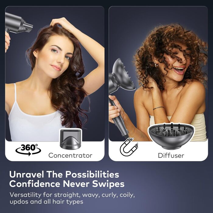 Іонний фен llano Іонний фен швидкого висихання з дифузором 100 мільйонів негативних іонів Потік повітря 19 м/с Безщітковий двигун,