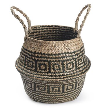 Кошик для рослин з морської трави, квітковий горщик, великий натуральний плетений кошик для білизни з ручкою для зберігання рослинних іграшок (чорна смужка), 32 x 28 см, чорна смужка