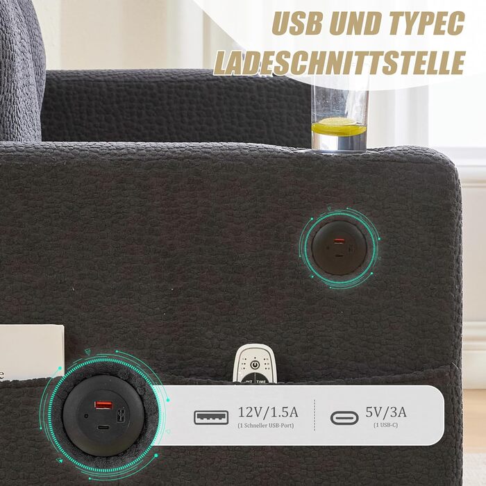 Місний кутовий диван з USB-C, диван Cloud зі світлодіодним амбієнтним підсвічуванням, підстаканниками та боковими кишенями, каркас з дерева/металу з комфортною піною для вітальні, спальні, темно-сірий USB-C, світлодіодне амбієнтне підсвічування, 2-