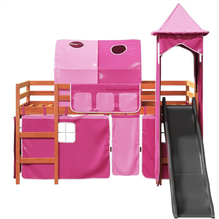 Ліжка та аксесуари, Ліжка та каркаси ліжок, Дитяче ліжко-горище з вежею, рожеве, 90 х 200 см, масив дерева, сосна
