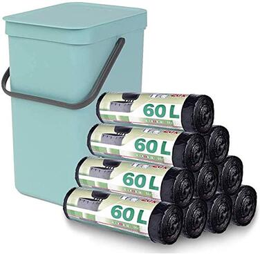 Мішки для сміття об&39ємом 60 л, 200 шт. , зі шнурком, надзвичайно міцні, з ручкою, стійкі до розривів та протікання, чорні, 64 x 71 см, 10 рулонів (200 мішків)