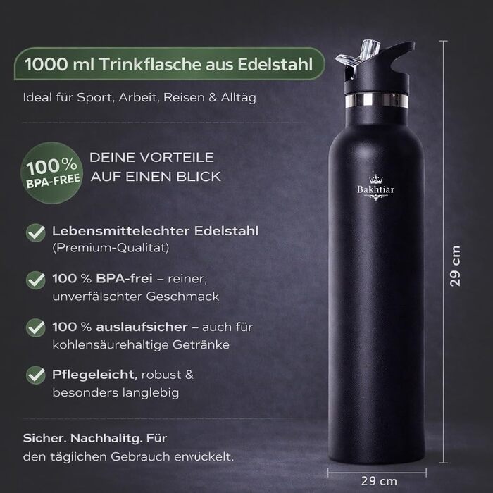 Пляшка для води Bakhtiar з подвійними стінками з нержавіючої сталі - Преміальна ізольована пляшка для гарячих та холодних напоїв - Спортивна пляшка з двома кришками - Підходить для газованих напоїв (Чорна, 1000 мл) Чорна 1000 мл